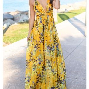 yellow floral maxi- shorter cover up underneath with sheer overlay